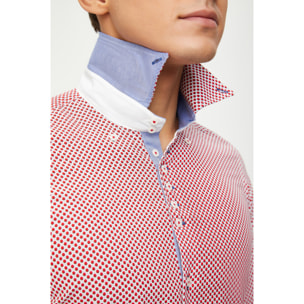 Camicia Uomo 2 Bottoni Button Down 7 Bottoni Slim Cotone Poliestere Stampa Bianco e Rosso