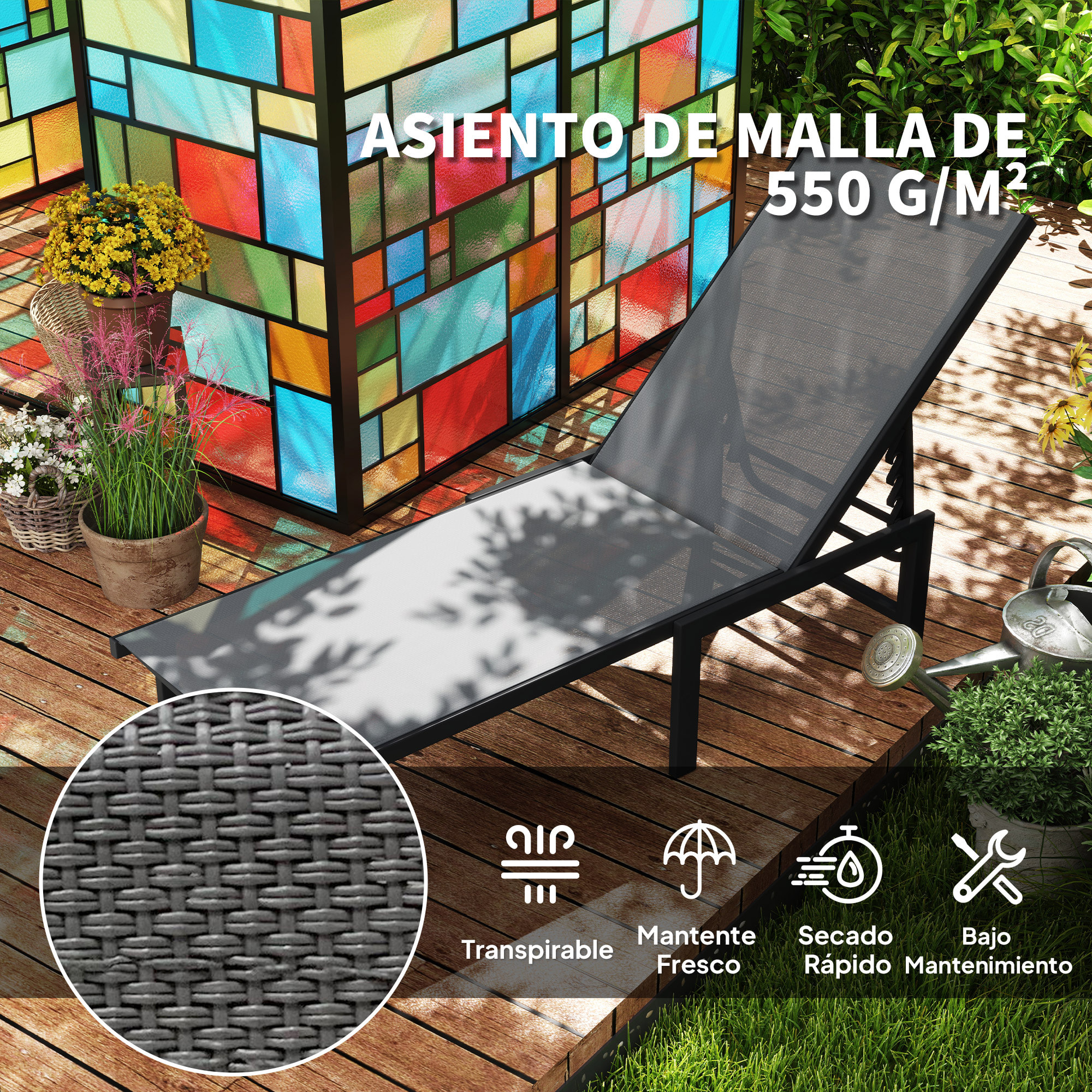 Tumbona Jardín Exterior, Tumbona Reclinable con Respaldo Ajustable en 5 Niveles y Estructura de Acero, Impermeable, Carga 120 kg, para Patio, Terraza, Balcón, 166x60x84 cm, Gris