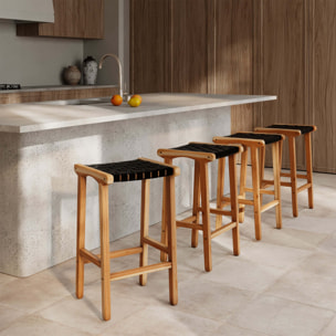 Tabouret pour îlot central 68 cm en teck et cuir tressé noir - Kuna