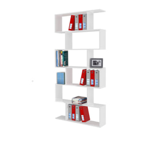 Libreria alta a zig zag a 6 scaffali aperti, Made in Italy, Scaffale per libri e documenti, Libreria da ufficio, cm 80x25h192, colore Bianco lucido