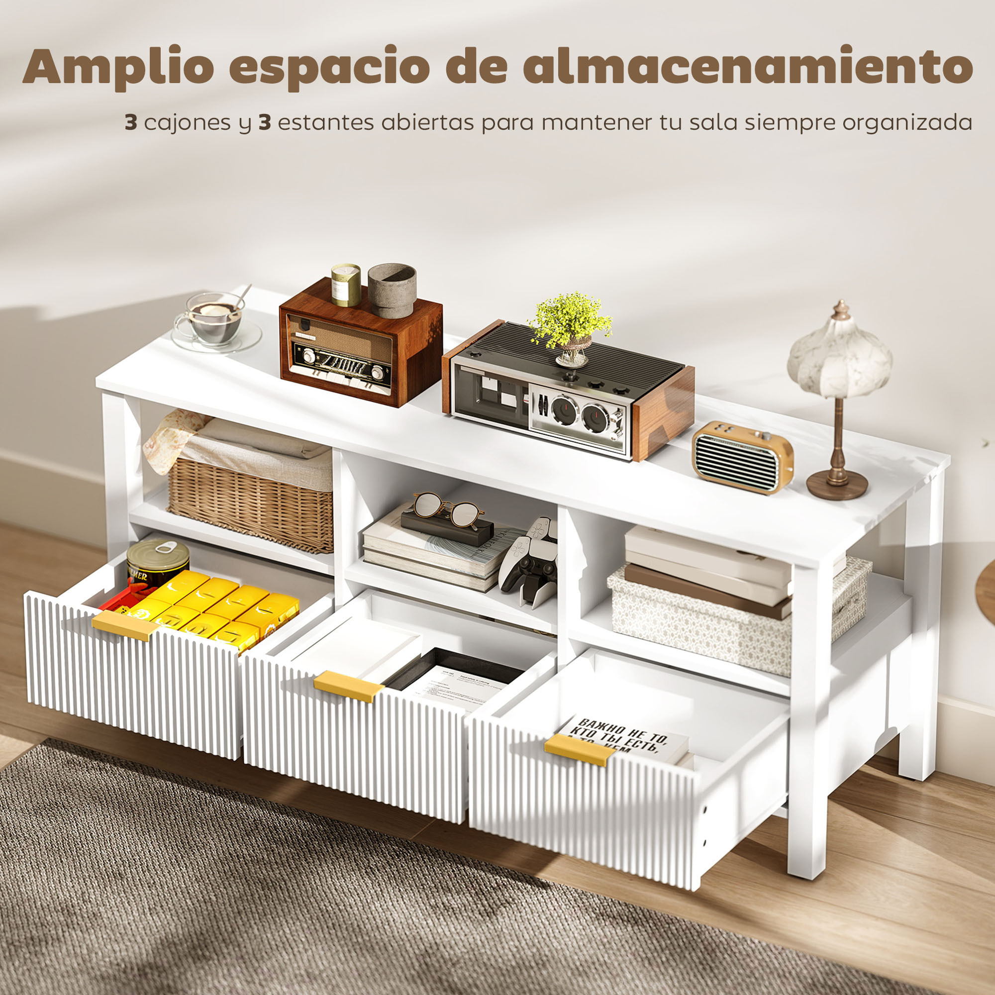 Mueble de TV Moderno, Mesa TV para Salón con 3 Cajones y 3 Estantes Abiertos, para Televisión 43-55 Pulgadas, 120x39,5x50 cm, Blanco