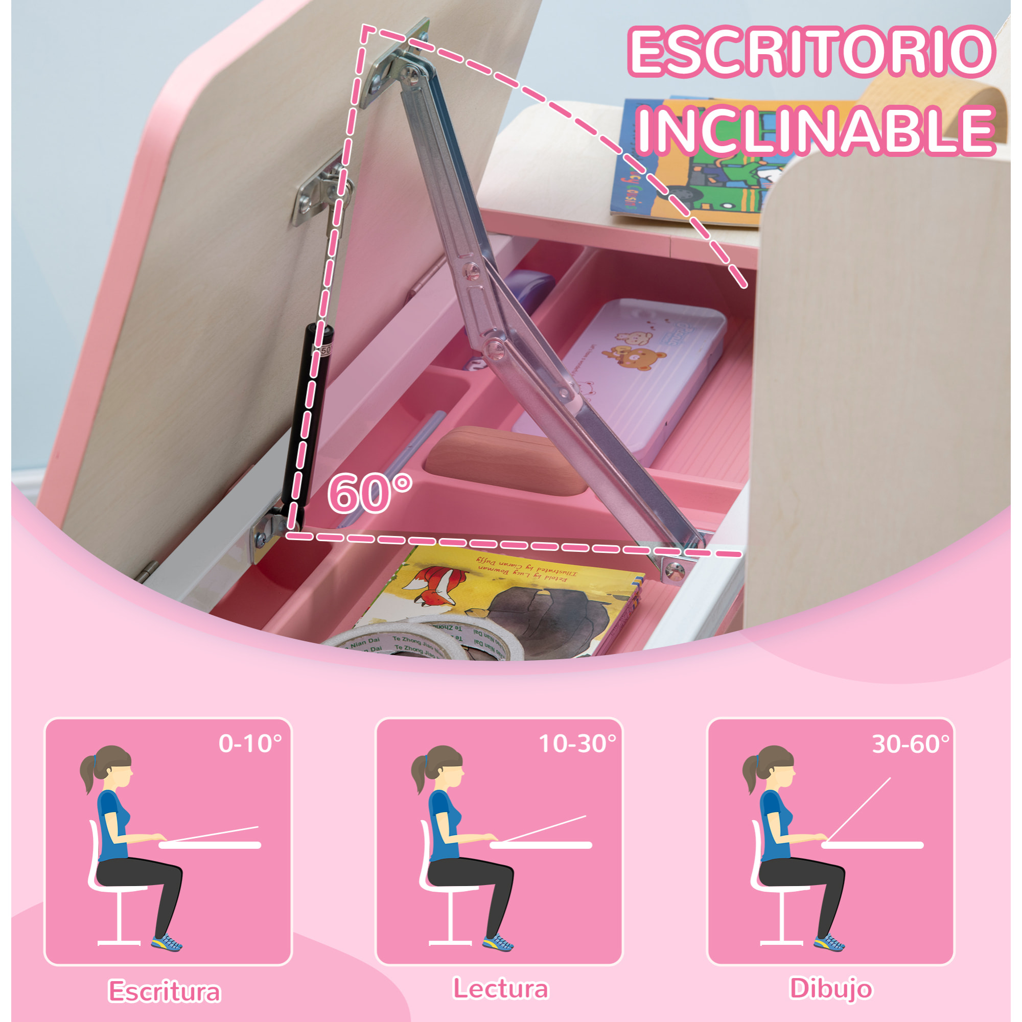 Juego de Escritorio y Silla para Niños de +3 Años con Altura Ajustable Pupitre Infantil con Tablero de Mesa Inclinable Cajón y Estantería para libros 80x52x88-109 cm y 35,5x44,5x66-80 cm Rosa