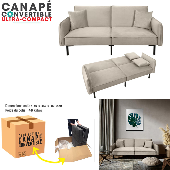 CANAPE CONVERTIBLE VELOURS 2 COUSSINS TAUPE M1