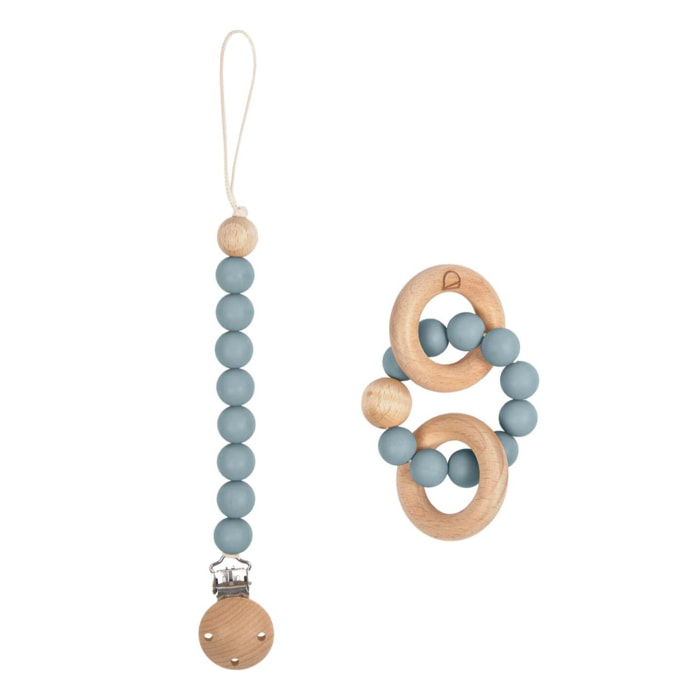 Kave Home - Set Epiphany con ciucciotto e massaggiagengive in silicone azzurro e legno