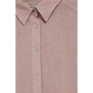 Camicia rosa taupe in lino tinta in capo con monogramma ricamato