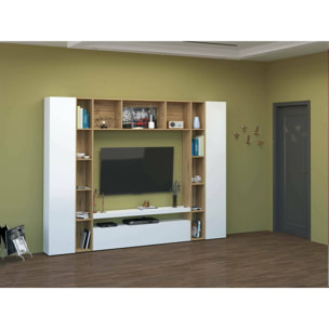 Parete attrezzata Gilberto, Set salotto porta TV a 3 ante, Mobile soggiorno multiuso, 100% Made in Italy, cm 270x35h210, Bianco lucido e Rovere