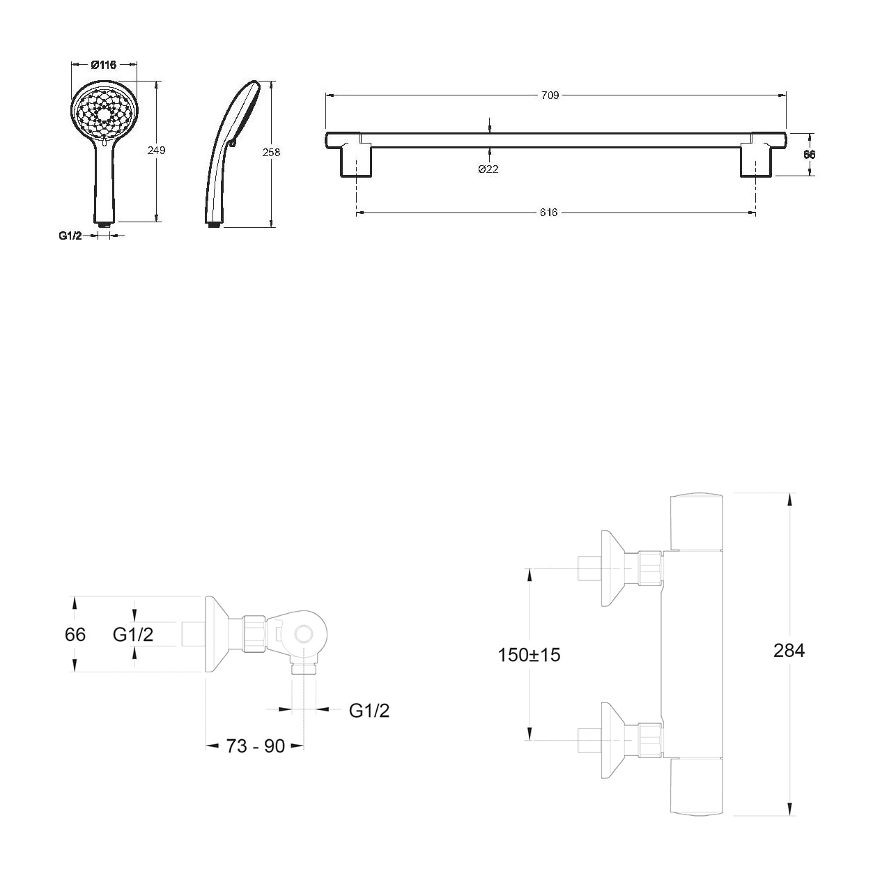 Mitigeur de douche thermostatique Simone + barre + pommeau de douche