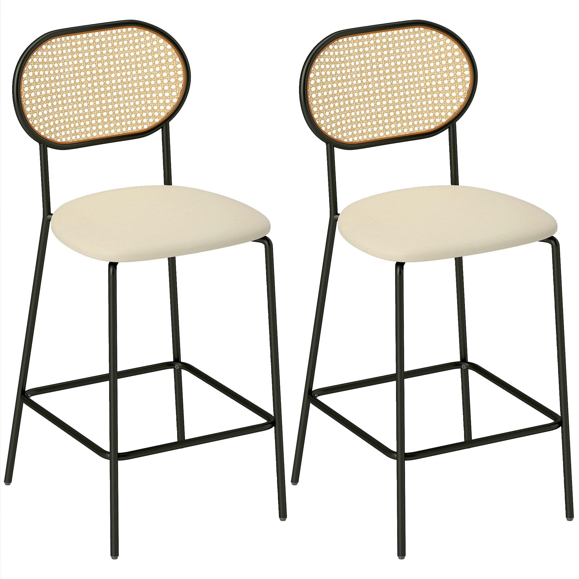 Juego de 2 Taburetes de Bar Taburetes Altos de Cocina con Respaldo de Ratán Asiento de PU Marco de Acero y Reposapiés para Comedor Mostrador 45x50x97 cm Beige