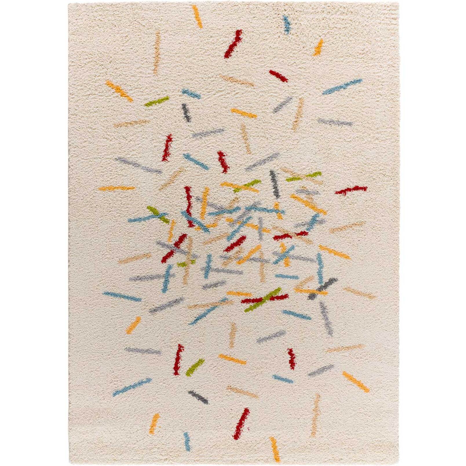 BREMEN Alfombra shaggy geométrica en blanco y motivos multicolor, varias medidas disponibles