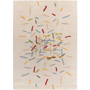BREMEN Alfombra shaggy geométrica en blanco y motivos multicolor, varias medidas disponibles