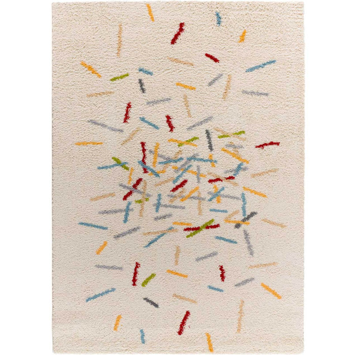 BREMEN Alfombra shaggy geométrica en blanco y motivos multicolor, varias medidas disponibles