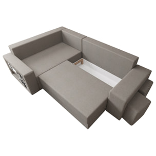 Libbie - Canapé d'angle gauche 4 places convertible avec coffre, étagère et poufs en tissu - Gris