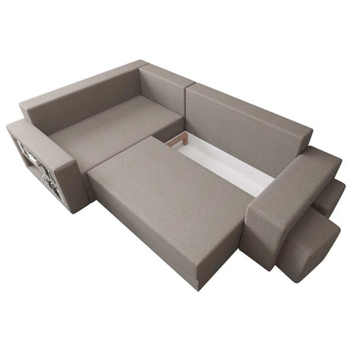 Libbie - Canapé d'angle gauche 4 places convertible avec coffre, étagère et poufs en tissu - Gris