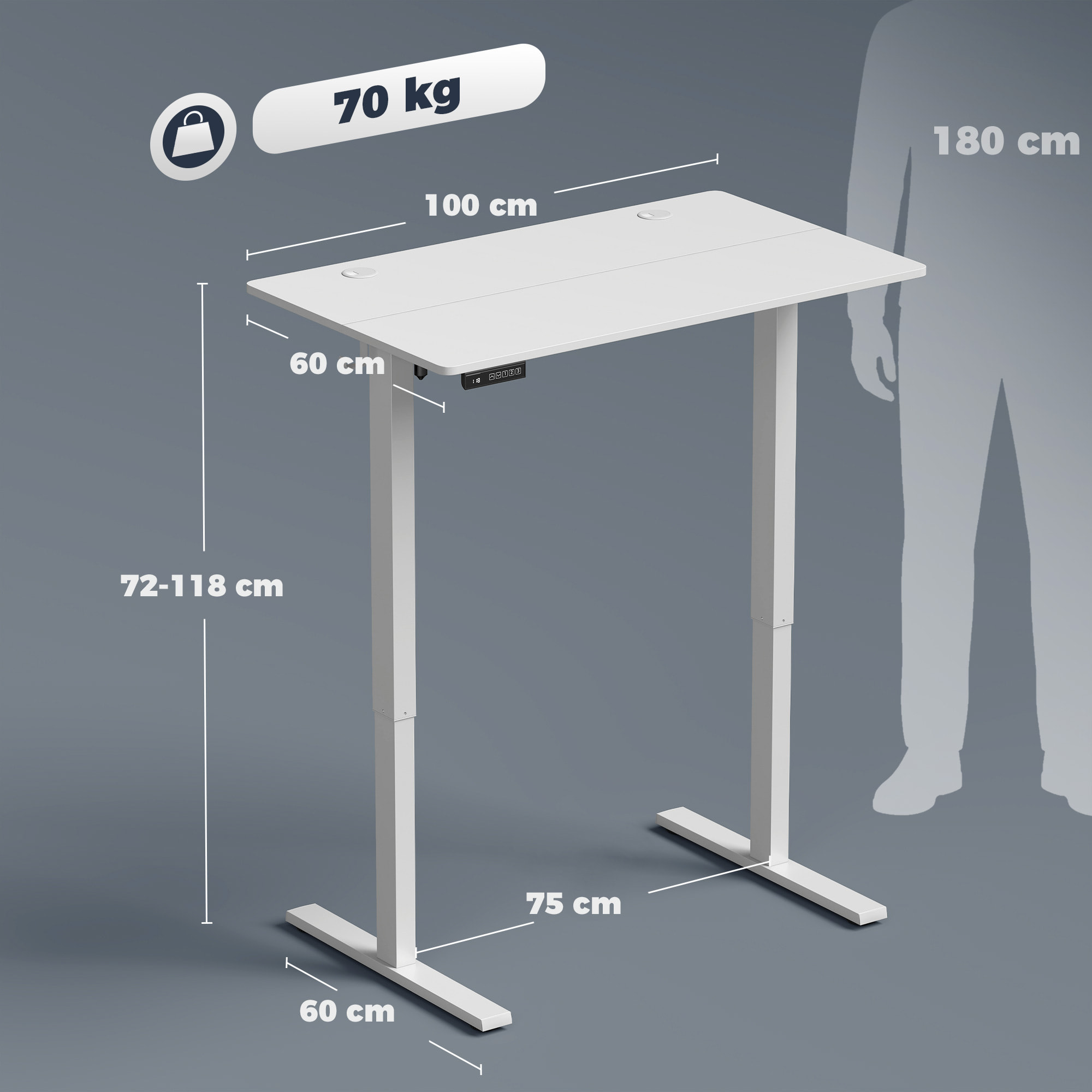 HOMCOM Escritorio Elevable 100x60 cm, Escritorio Eléctrico Regulable en Altura con 3 Alturas de Memoria, Pantalla LED, 2 Ganchos, 2 Pasacables, para Oficina en Casa, Estudio, Blanco