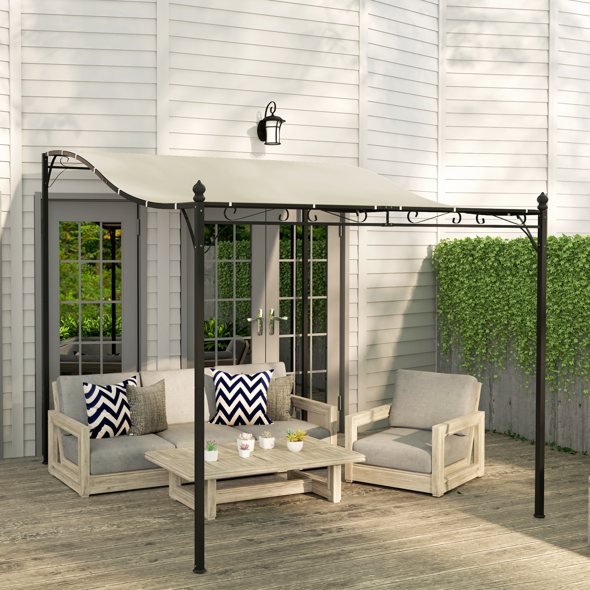 Pergola tonnelle de jardin auvent 3 x 2,5 m adossable métal noir polyester blanc cassé