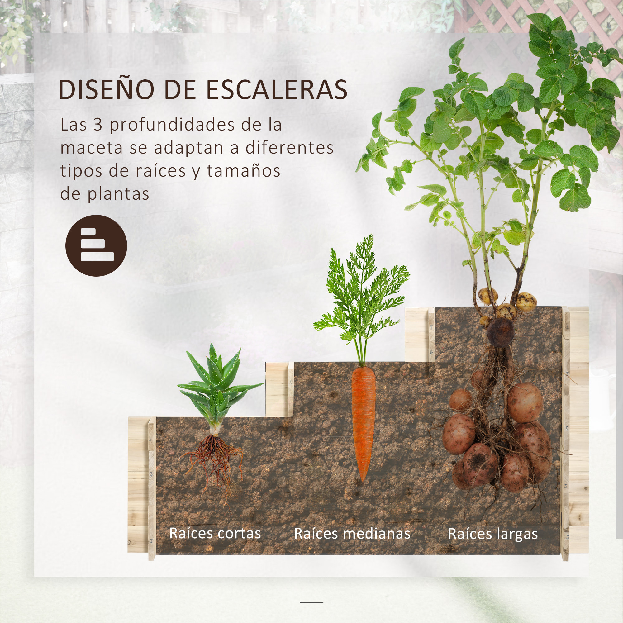 Jardinera de Madera de 3 Niveles Escaleras de Huerto Urbano con Tela Geotextil para Cultivos Plantas Flores para Jardín Terraza Exterior 117x100x54 cm Natural
