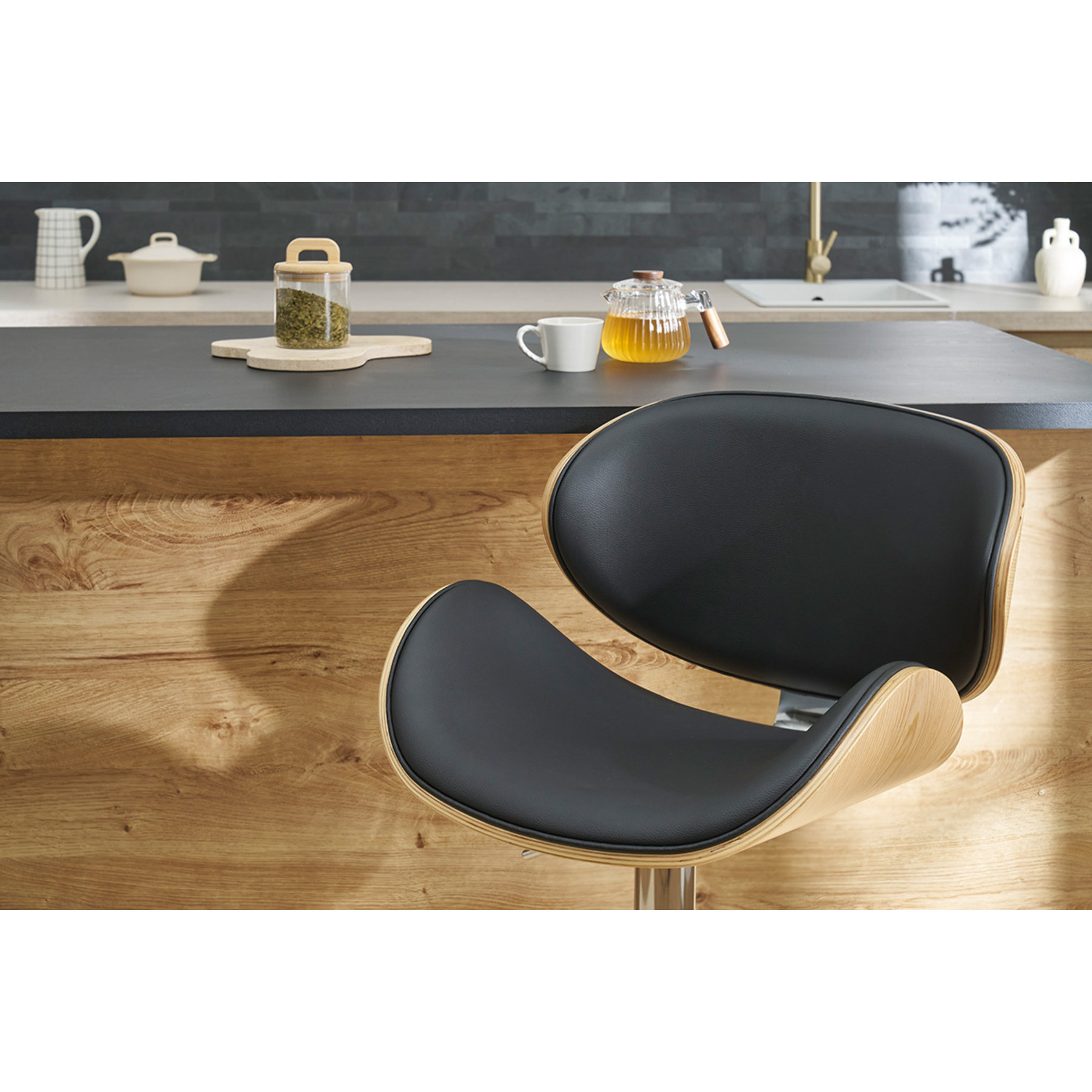 Tabouret de bar design noir et bois clair WALNUT