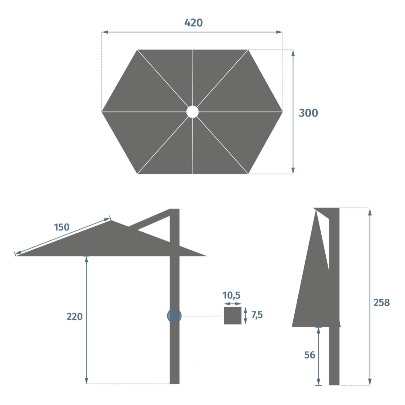 Parasol déporté "Tikeo" platine 4,2x 3m