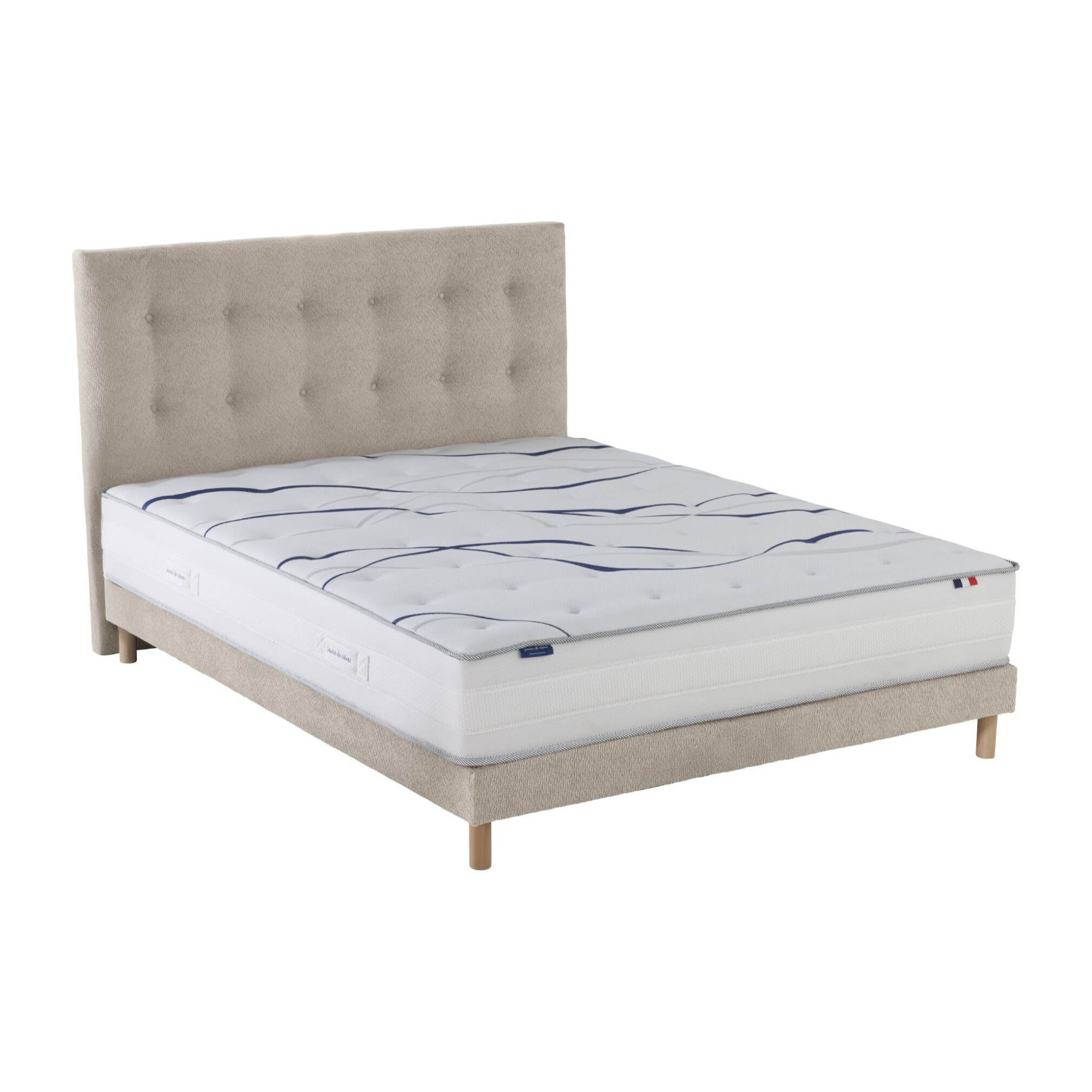 Ensemble matelas mousse HD SERENA + sommier + tête de lit, chenille bouclettes Crème