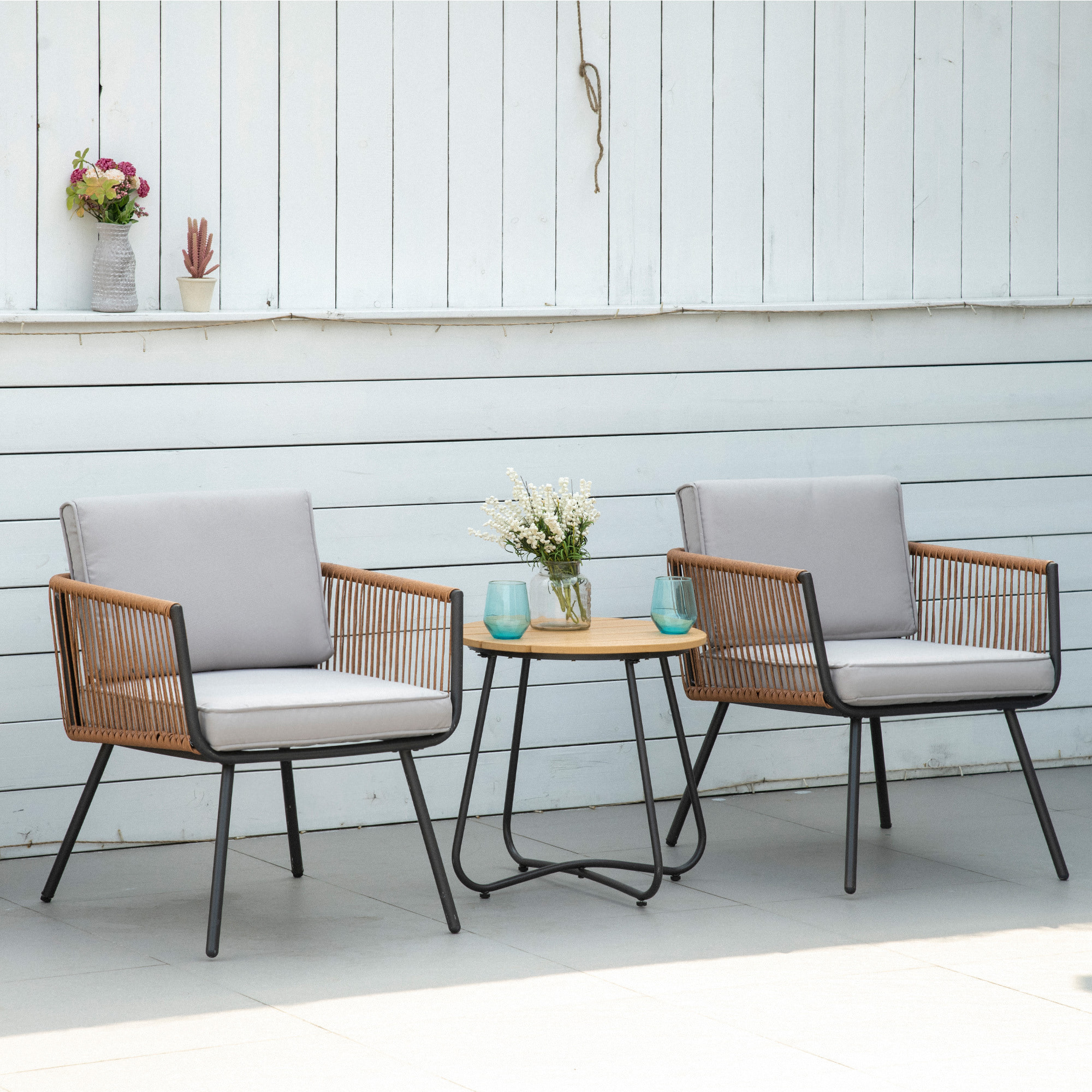 Conjunto de Muebles de Jardín de Ratán 3 Piezas Juego de Muebles de Terraza Incluye 1 Mesa de Centro y 2 Sillones con Cojines Acolchados Naranja y Gris