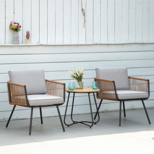 Conjunto de Muebles de Jardín de Ratán 3 Piezas Juego de Muebles de Terraza Incluye 1 Mesa de Centro y 2 Sillones con Cojines Acolchados Naranja y Gris
