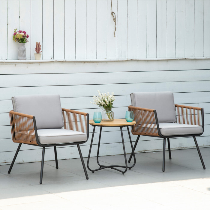 Conjunto de Muebles de Jardín de Ratán 3 Piezas Juego de Muebles de Terraza Incluye 1 Mesa de Centro y 2 Sillones con Cojines Acolchados Naranja y Gris