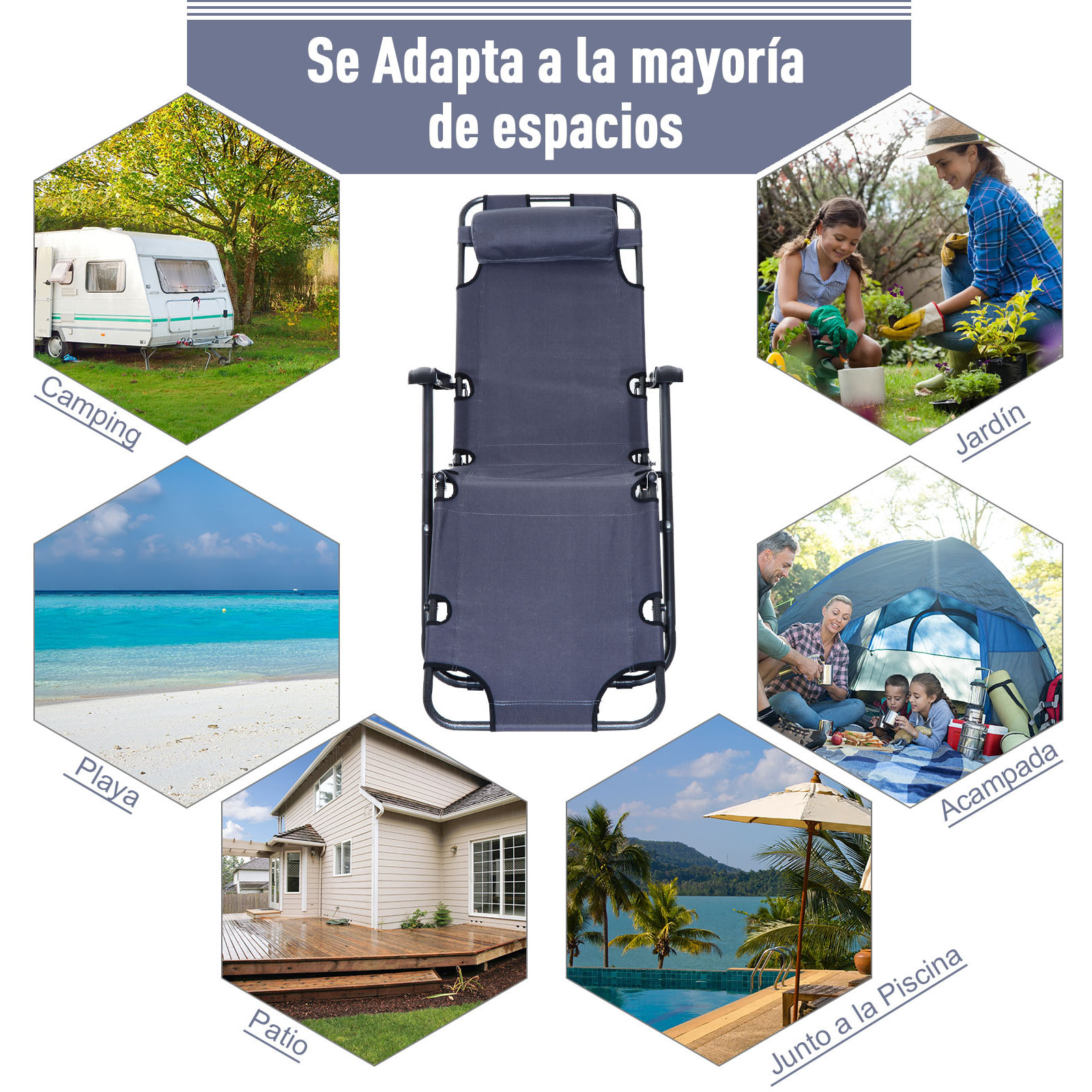 Tumbona Inclinable Acero Plegable con Almohada Playa Camping Piscina Hamaca 178x60x29cm Gris