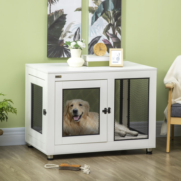 Cage pour chien sur pied style industriel - 2 portes verrouillables, coussin inclus - acier maillé noir panneaux aspect bois blanc