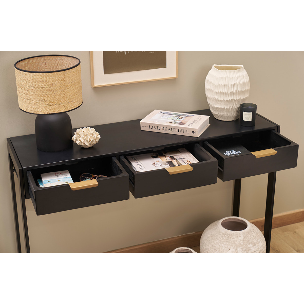 Console design avec rangements 3 tiroirs noire et métal L115 cm AVIDAN