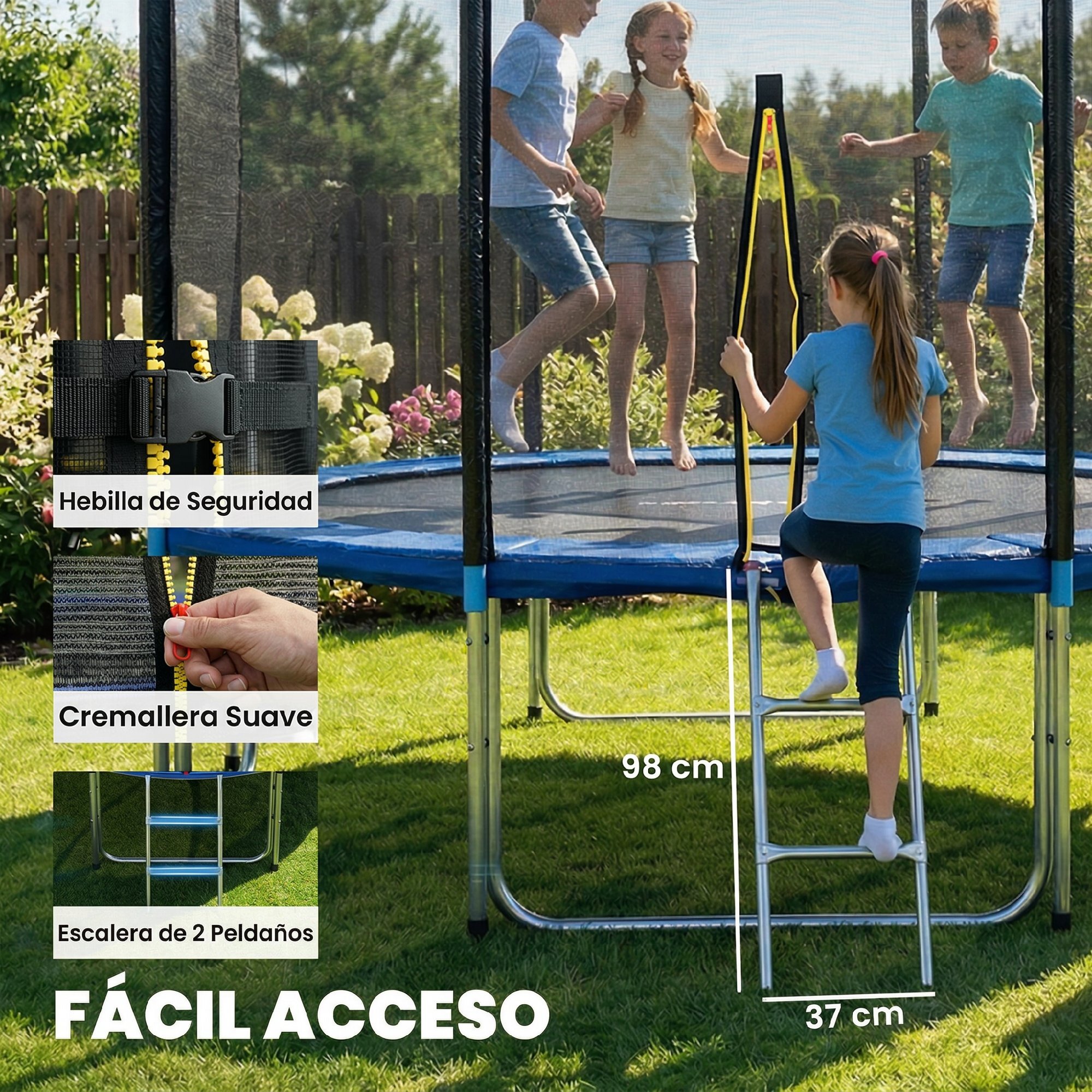 Cama Elástica para Niños Exterior Ø366 cm, Trampolín para Niños de +6 Años con Red de Seguridad, Escalera, Acolchado de Muelles y Marco de Acero Galvanizado, Carga 150 kg