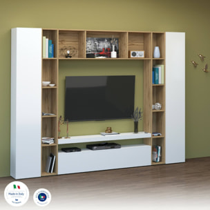 Parete attrezzata Gilberto, Set salotto porta TV a 3 ante, Mobile soggiorno multiuso, 100% Made in Italy, cm 270x35h210, Bianco lucido e Rovere