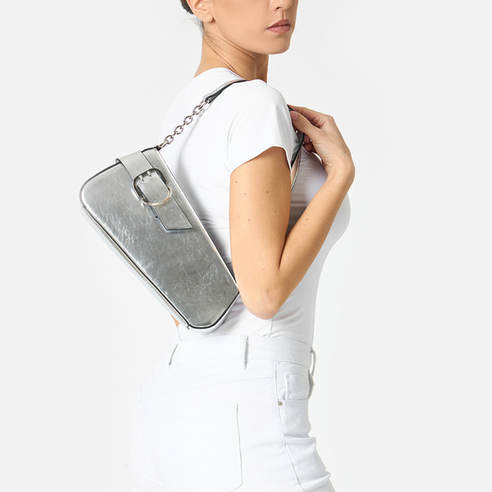 Mini bag donna argento in laminato con fibbia