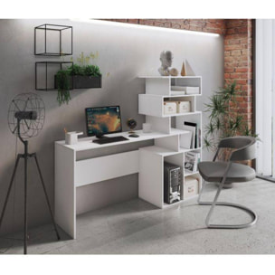 Scrivania con libreria alta moderna, Consolle con scaffali portaoggetti, Tavolo da studio per cameretta, cm 160x40xh135, colore Bianco