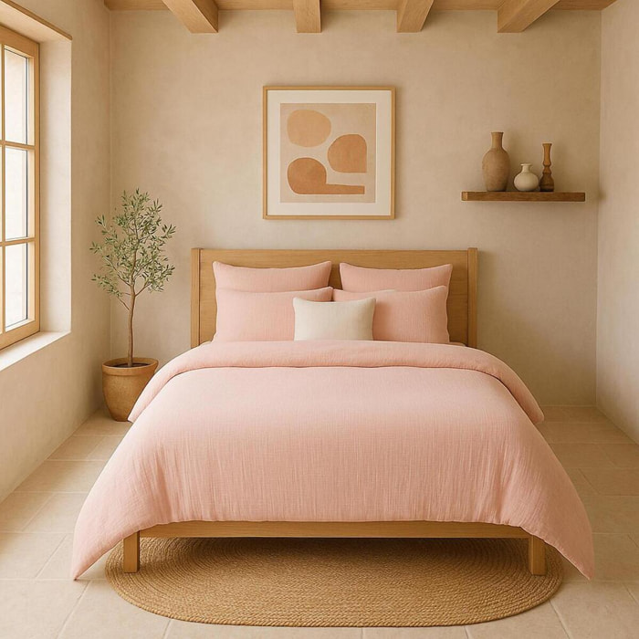 Drap housse gaze de coton lavé rose lotus