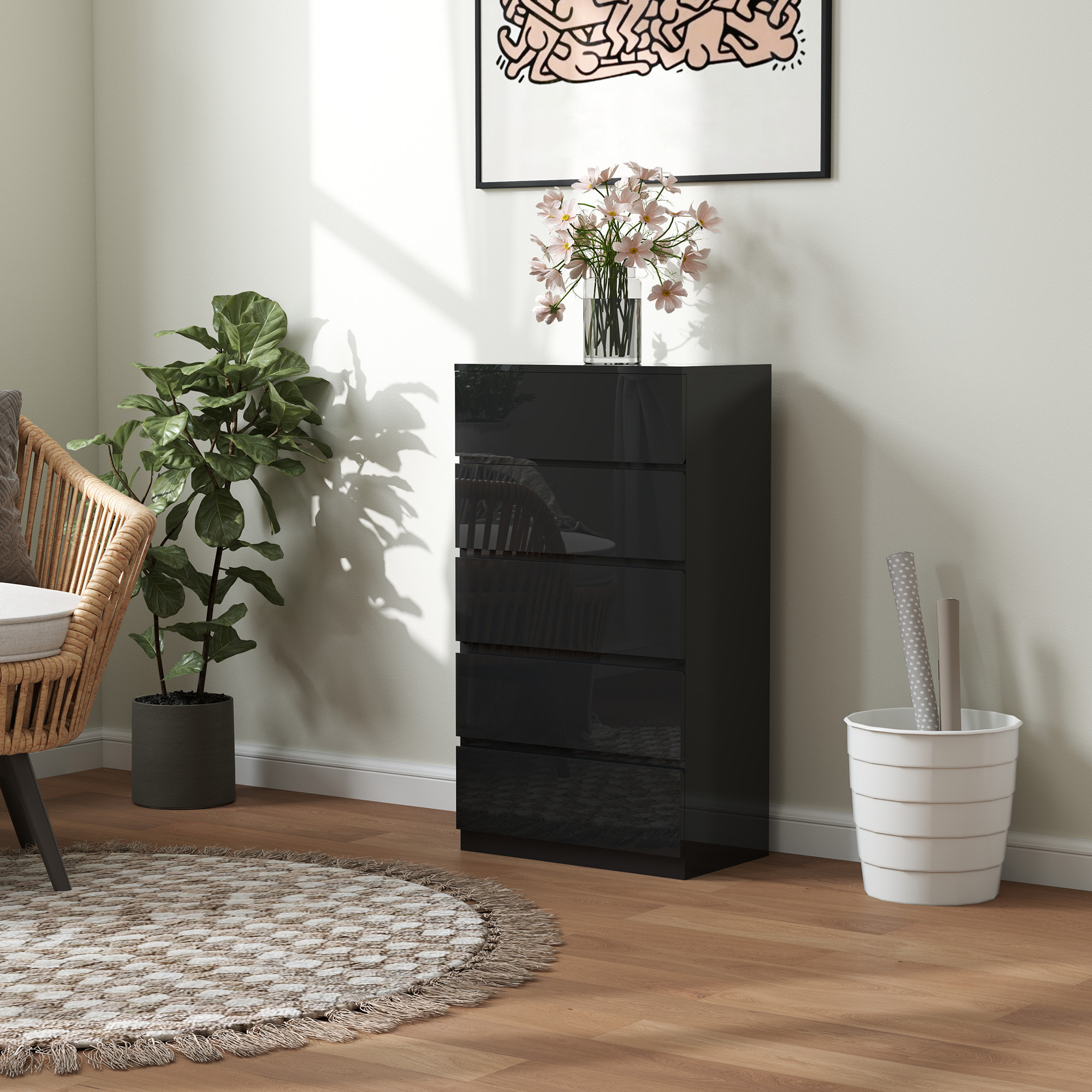 Cómoda con 5 Cajones Cómoda de Dormitorio Moderna con Diseño Anti-vuelco Cajonera para Salón Pasillo 55x34x100 cm Negro Brillo