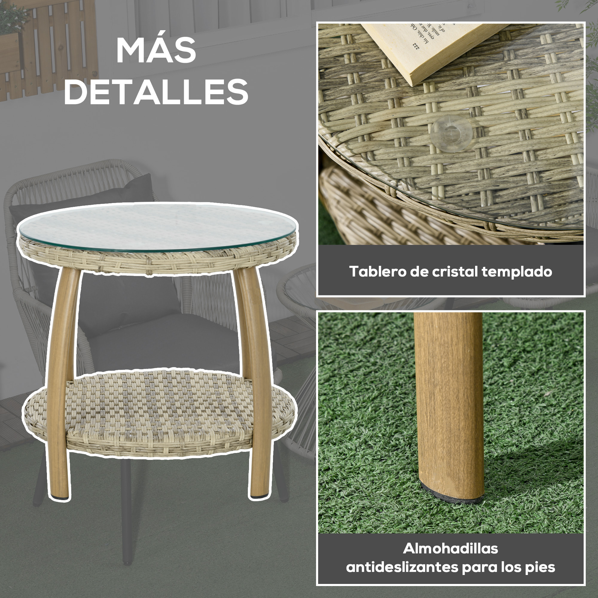 Conjunto de Mesa y Sillas de Jardín para Exterior Juego de 3 Piezas Sillas y Mesa de Ratán con Marco de Aluminio Incluye 2 Sillas 1 Mesa de Vidrio Templado y Cojines Natural y Marrón