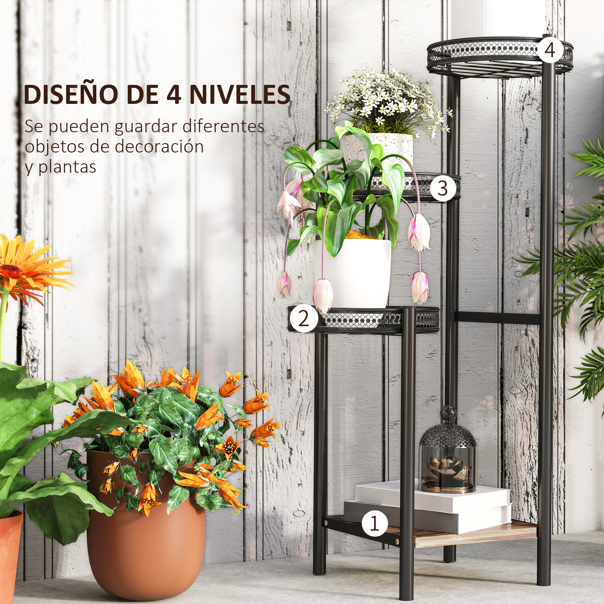 Soporte para Plantas de 4 Niveles Estantería para Plantas para Esquina Soporte de Acero Soporte para Macetas Interior y Exterior 25x25x80 cm Negro