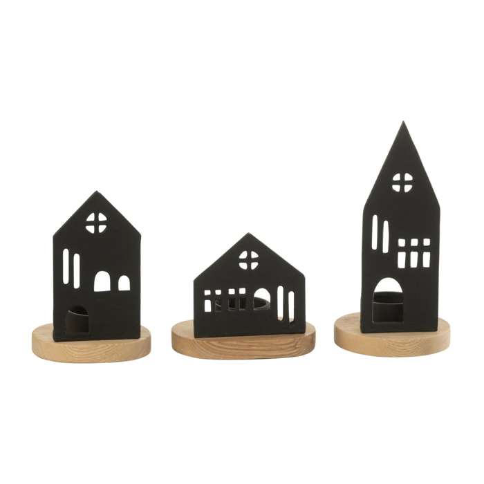 J-Line bougeoir Maison - aluminium/bois - noir/naturel - 3 pcs