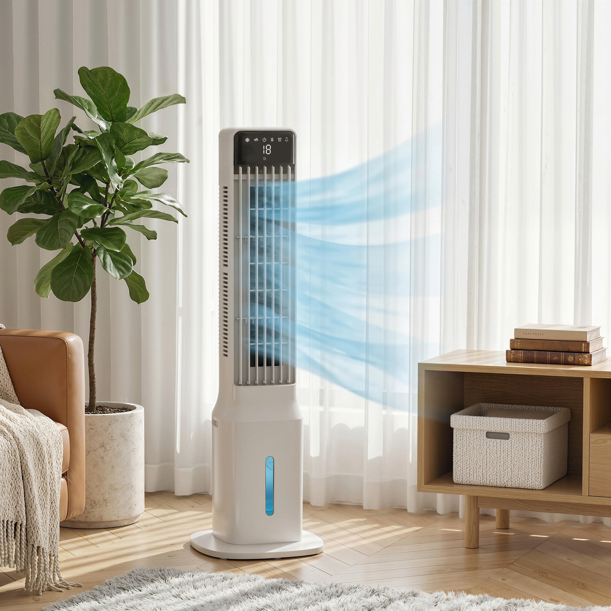 Climatizador Evaporativo de Torre 3 en 1, Enfriador de Aire Portátil con Depósito de 9 L, Oscilación 48°, 3 Velocidades, 3 Modos, Temporizador 24h y Mando a Distancia, 2 Acumuladores de Frío