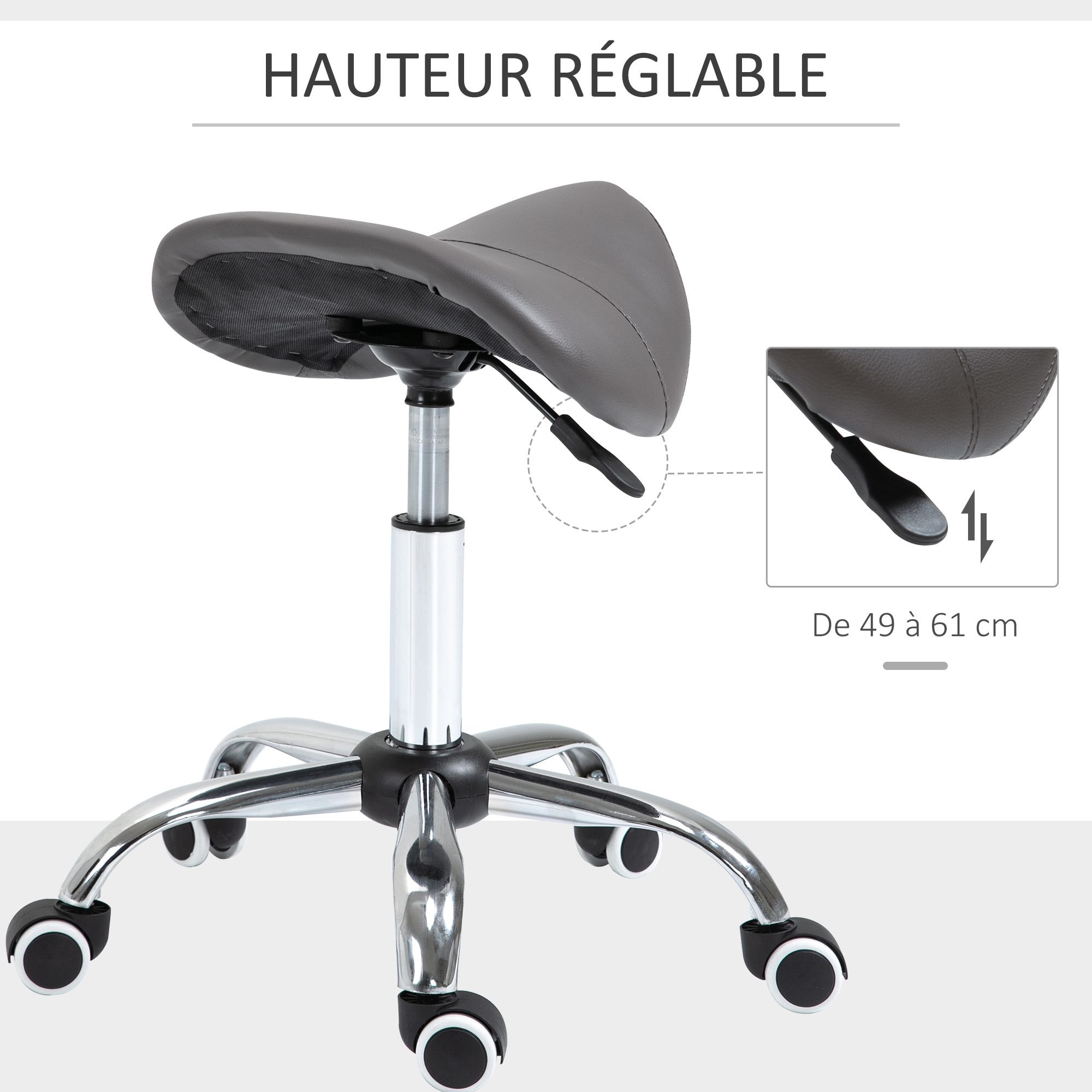 Tabouret de massage tabouret selle ergonomique pivotant 360° hauteur réglable revêtement synthétique gris chromé