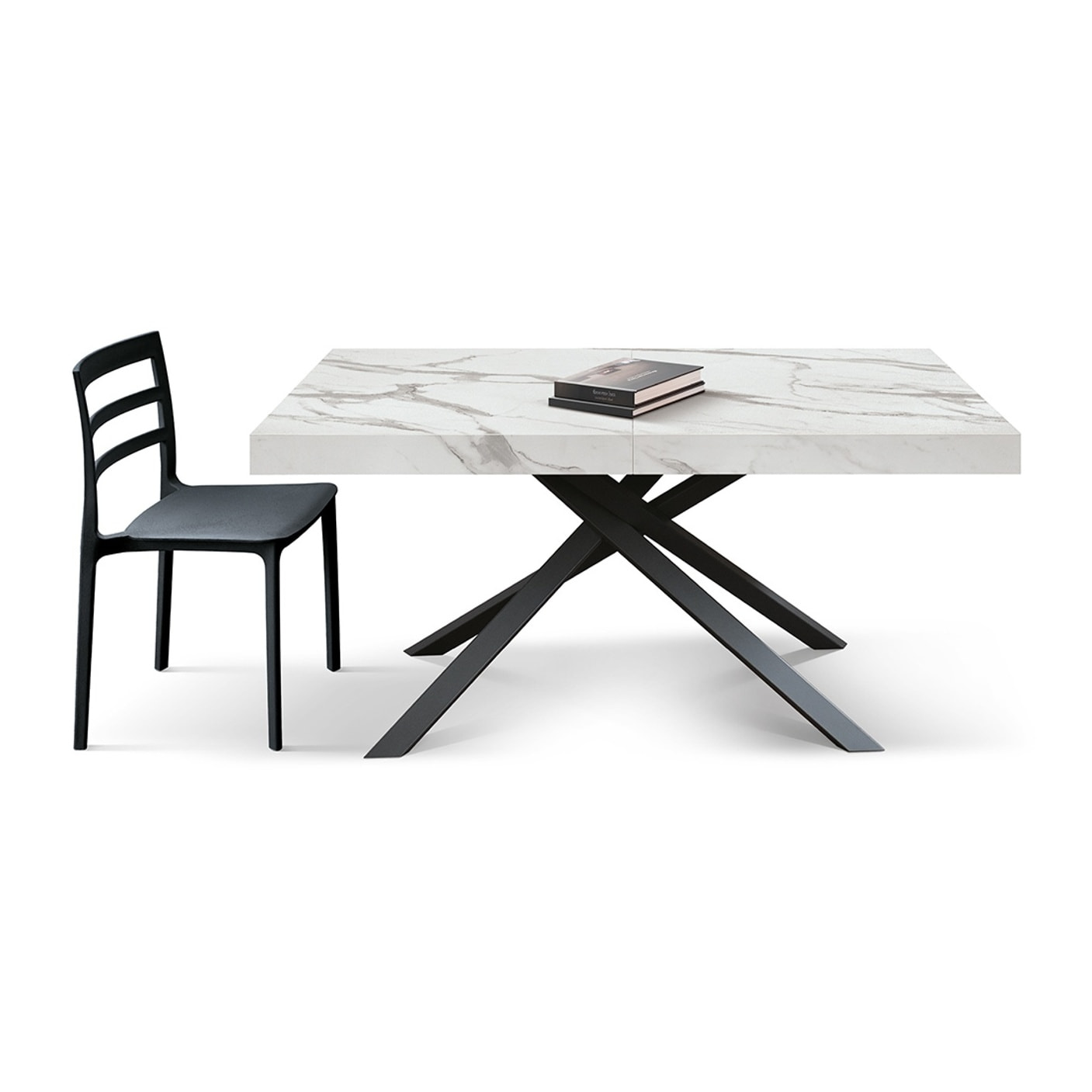 Tavolo FORTE DEI MARMI in legno, finitura bianco statuario e base in metallo nero, allungabile 140x90 cm - 220x90 cm