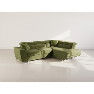 Baoji - Canapé d'angle droit 5 places convertible avec têtières et coffre en velours côtelé - Vert