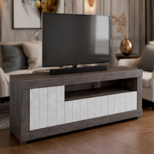 Mobile TV Basso In Melaminico Con Anta Laterale E Ribalta Vano A Giorno Ripiani Mensole Interne Moderno 136.9 x 41.8 x 56 Cm Ossido e Grigio Cemento