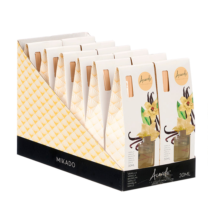 Pacco da 12 mikados profumati alla vaniglia. Bottiglia da 30ml e 6 bastoncini di fragranza.