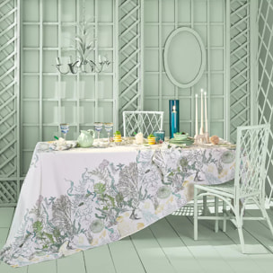 Nappe lin & coton lavé 150 g/m² imprimé blanc bleu vert Balade marine verde