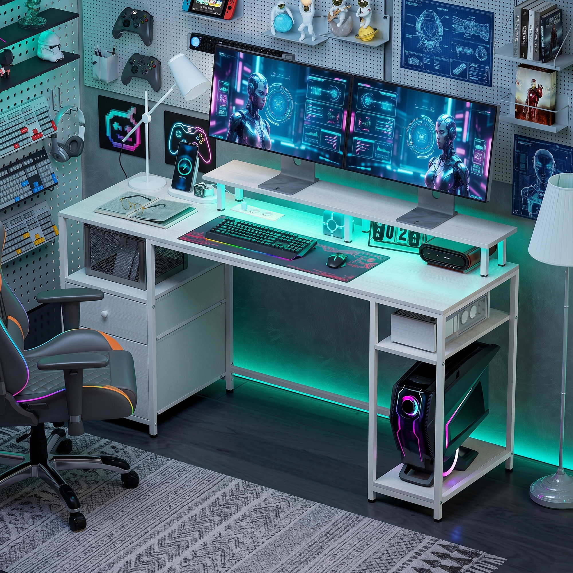 Mesa de Escritorio Mesa de Ordenador con Luces LED Estantes Cajones Tomas de Corriente Puertos USB y Soporte para Monitor para Oficina Estudio 155,5x48x88,5 cm Blanco