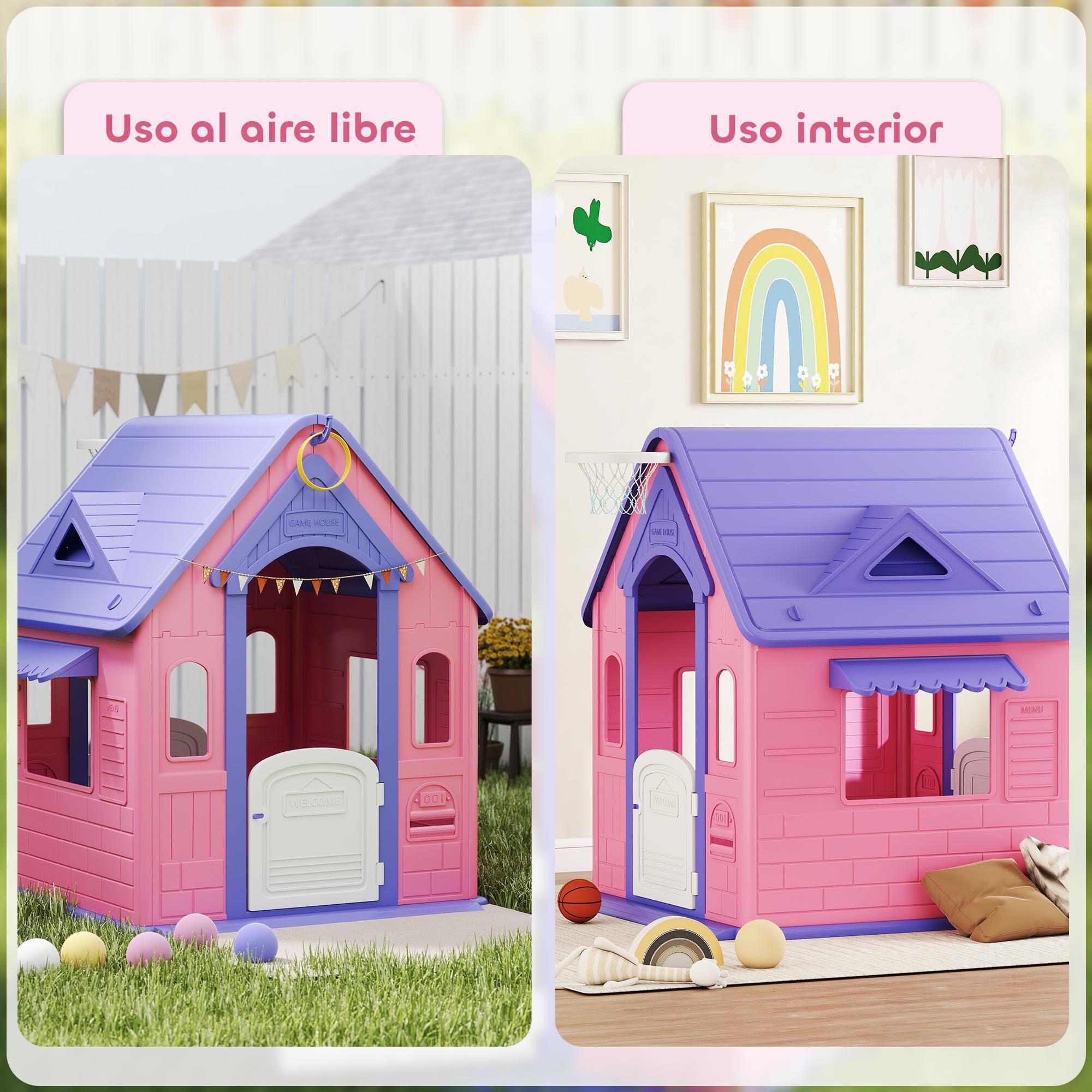 Casita Infantil Exterior e Interior 3 en 1, Casita Infantil de Jardín con Lanzamiento de Aros, Baloncesto, Casa de Juegos para Niños de 2-5 Años, Rosa y Morado