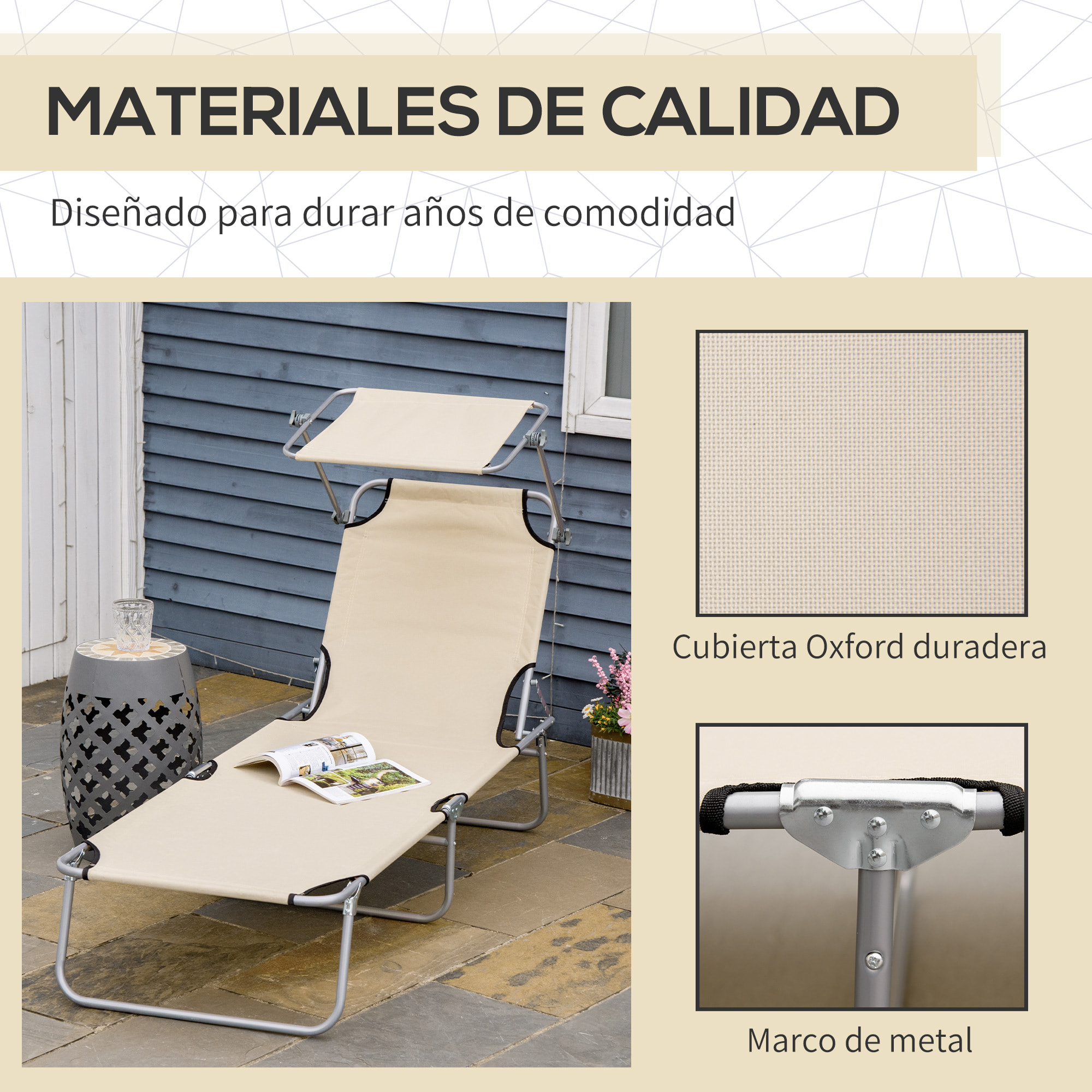 Tumbona de Jardín Plegable con Toldo Desmontable y Regulable Respaldo Reclinable para Terraza Acampada al Aire Libre 187x58x36 cm Beige