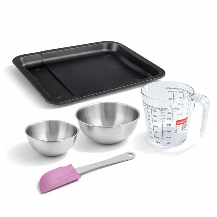 Set pâtisserie avec plaque de four extensible de 35-52 cm, 2 bols à mixer, verre mesureur et spatule Zenker