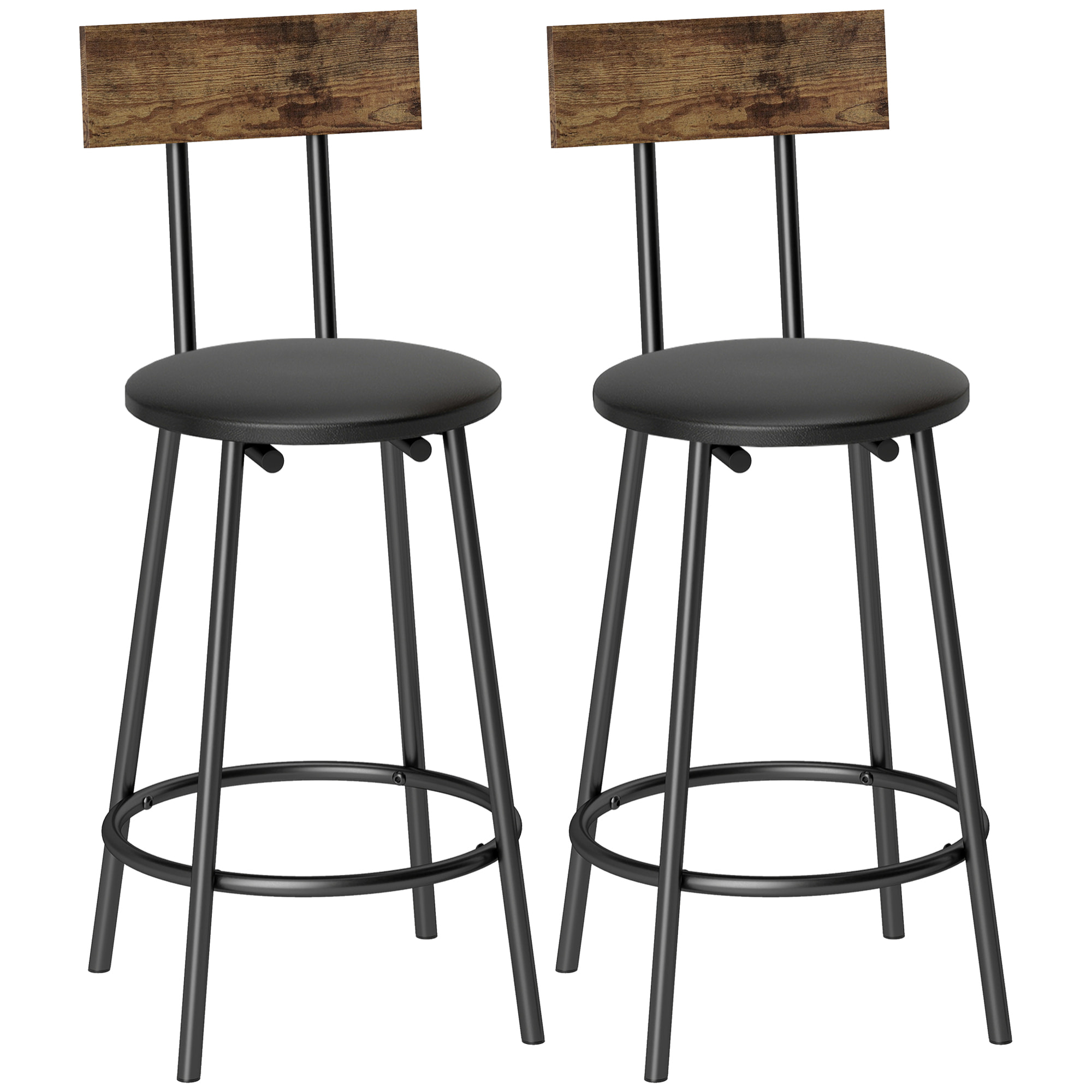 Juego de 2 Taburetes de Bar, Taburetes Altos de Cocina con Respaldo y Reposapiés, Tapizados en PU, Marco Metálico, Asiento de 60 cm de Altura, Negro